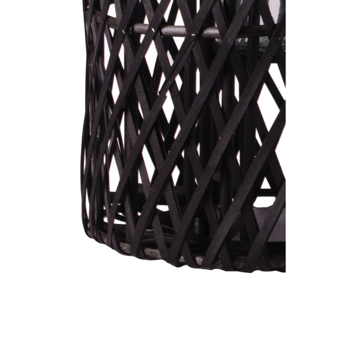 Lattice Design Cylindrical Wooden Lantern with Rope Handle, Large, Black