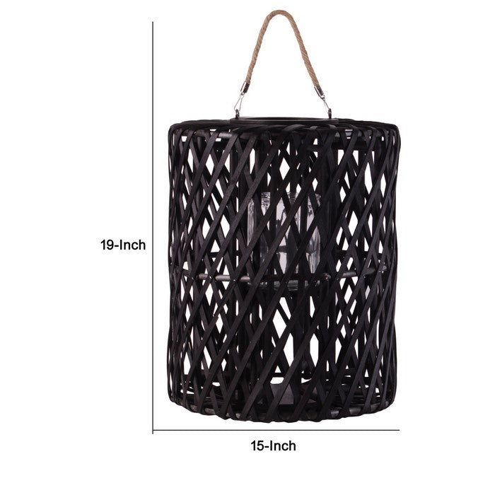 Lattice Design Cylindrical Wooden Lantern with Rope Handle, Large, Black