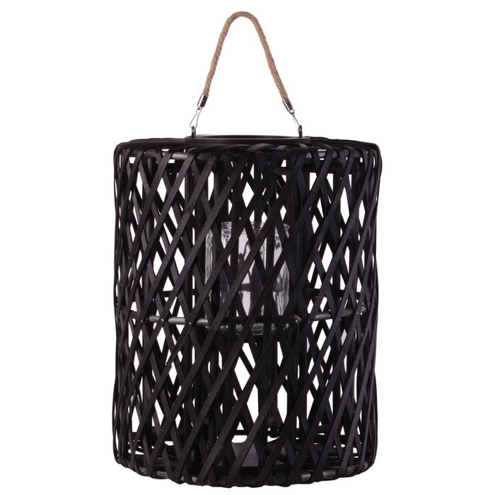 Lattice Design Cylindrical Wooden Lantern with Rope Handle, Large, Black
