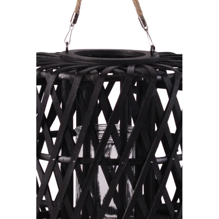 Lattice Design Cylindrical Wooden Lantern with Rope Handle, Medium, Black