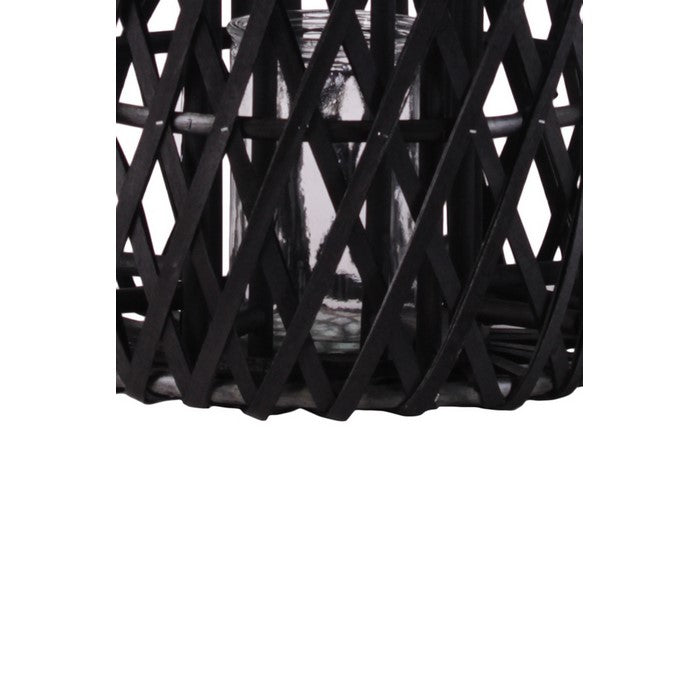 Lattice Design Cylindrical Wooden Lantern with Rope Handle, Medium, Black