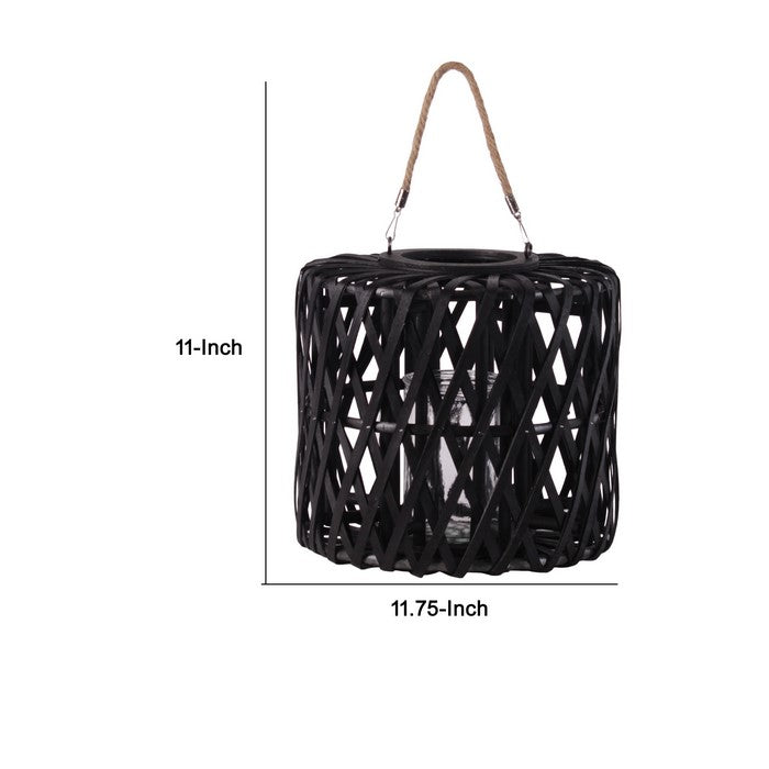 Lattice Design Cylindrical Wooden Lantern with Rope Handle, Medium, Black