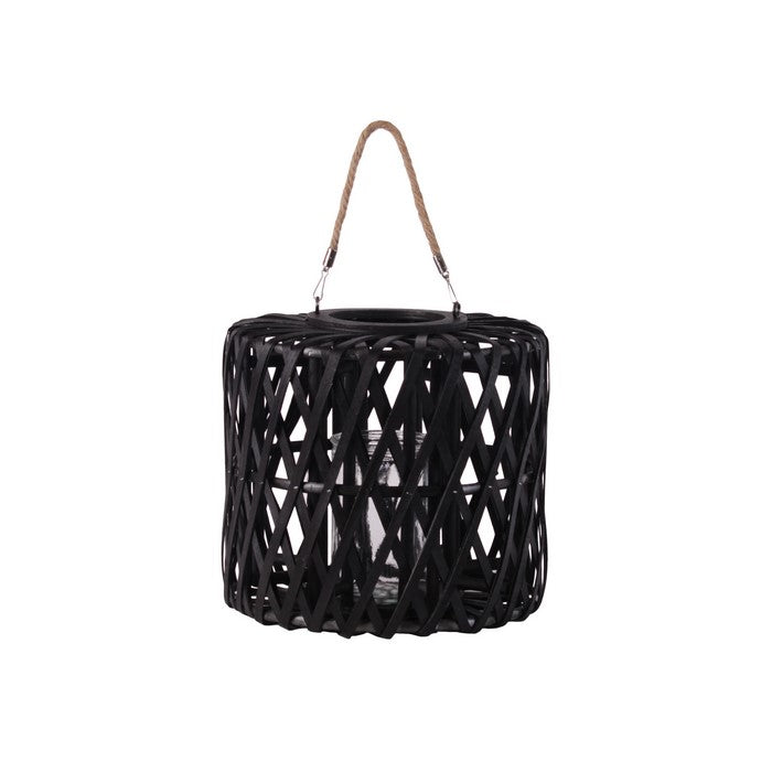 Lattice Design Cylindrical Wooden Lantern with Rope Handle, Medium, Black