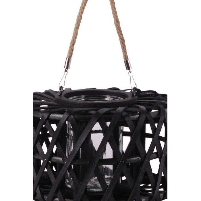 Lattice Design Cylindrical Wooden Lantern with Rope Handle, Small, Black
