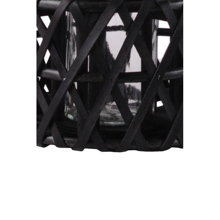 Lattice Design Cylindrical Wooden Lantern with Rope Handle, Small, Black