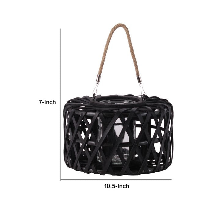 Lattice Design Cylindrical Wooden Lantern with Rope Handle, Small, Black