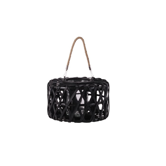 Lattice Design Cylindrical Wooden Lantern with Rope Handle, Small, Black
