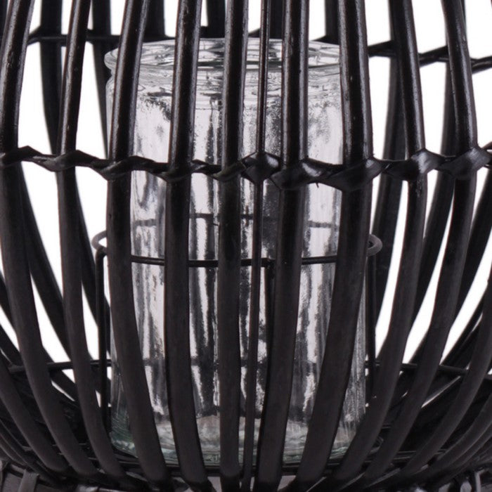 Lattice Design Bellied Round Lantern with Rope Handle, Large, Black