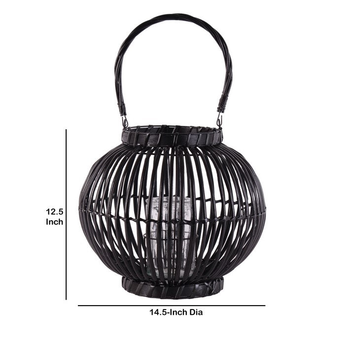 Lattice Design Bellied Round Lantern with Rope Handle, Large, Black
