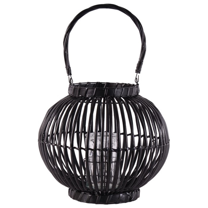 Lattice Design Bellied Round Lantern with Rope Handle, Large, Black