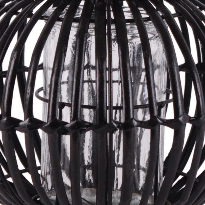 Lattice Design Bellied Round Lantern with Rope Handle, Small, Black