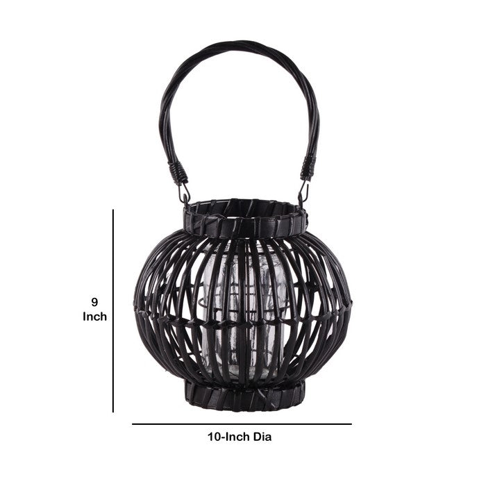 Lattice Design Bellied Round Lantern with Rope Handle, Small, Black
