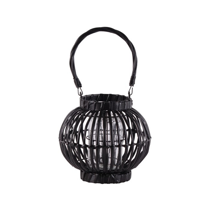 Lattice Design Bellied Round Lantern with Rope Handle, Small, Black