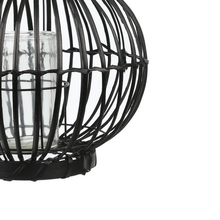 Lattice Design Bellied Round Lantern with Rope Handle, Medium, Black