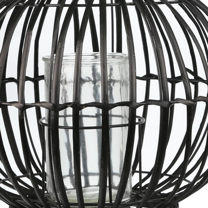 Lattice Design Bellied Round Lantern with Rope Handle, Medium, Black
