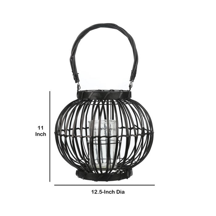 Lattice Design Bellied Round Lantern with Rope Handle, Medium, Black
