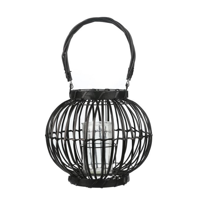 Lattice Design Bellied Round Lantern with Rope Handle, Medium, Black
