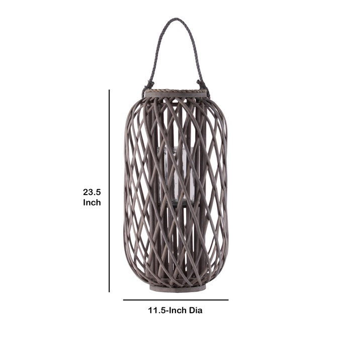 23.50 Inch Bamboo Lantern with Lattice Design and Braided Rope Handle,Brown