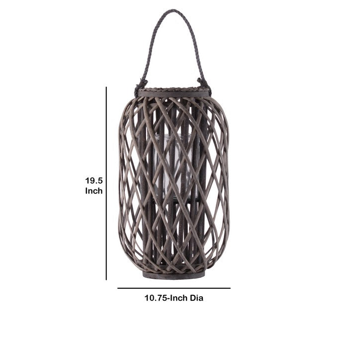 19.50 Inch Bamboo Lantern with Lattice Design and Braided Rope Handle,Brown