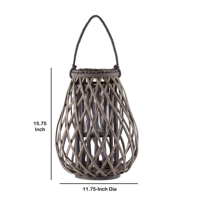Bellied Bamboo Lantern with Lattice Design and Rope Handle, Medium, Brown