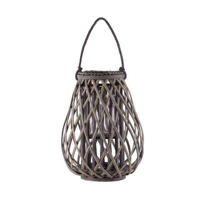 Bellied Bamboo Lantern with Lattice Design and Rope Handle, Medium, Brown