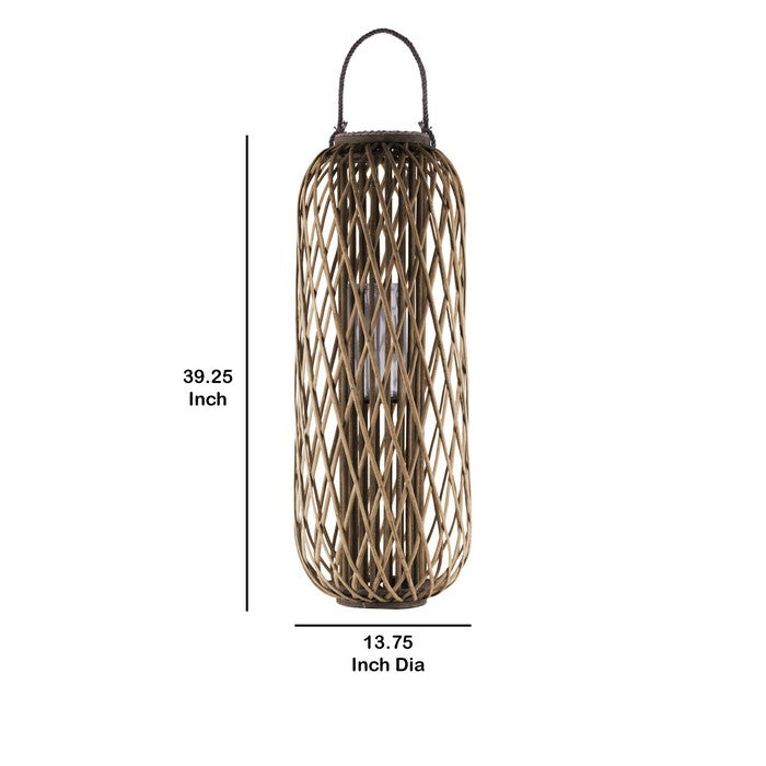 39.25 Inch Bamboo Lantern with Lattice Pattern and Braided Rope, Brown
