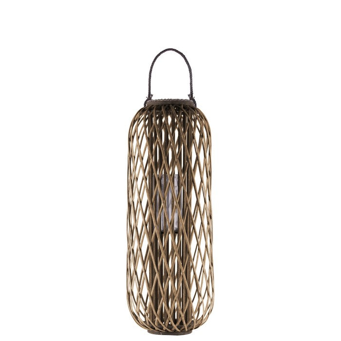 39.25 Inch Bamboo Lantern with Lattice Pattern and Braided Rope, Brown