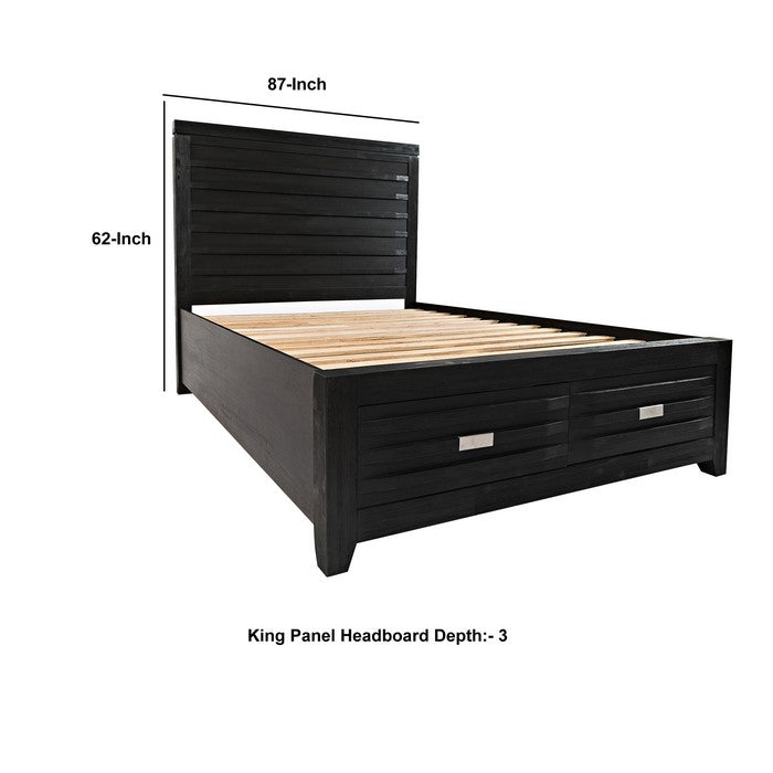 Transitional Wooden King Panel Headboard with Slated Back, Charcoal Gray