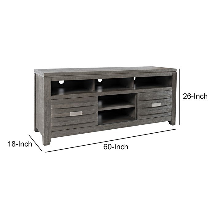 60 Inch Wooden Media Console Table with 3 Open Compartments, Light Gray