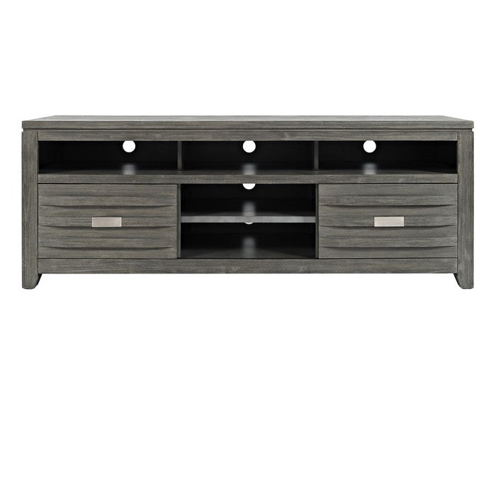 70 Inch Wooden Media Console Table with 3 Open Compartments, Light Gray