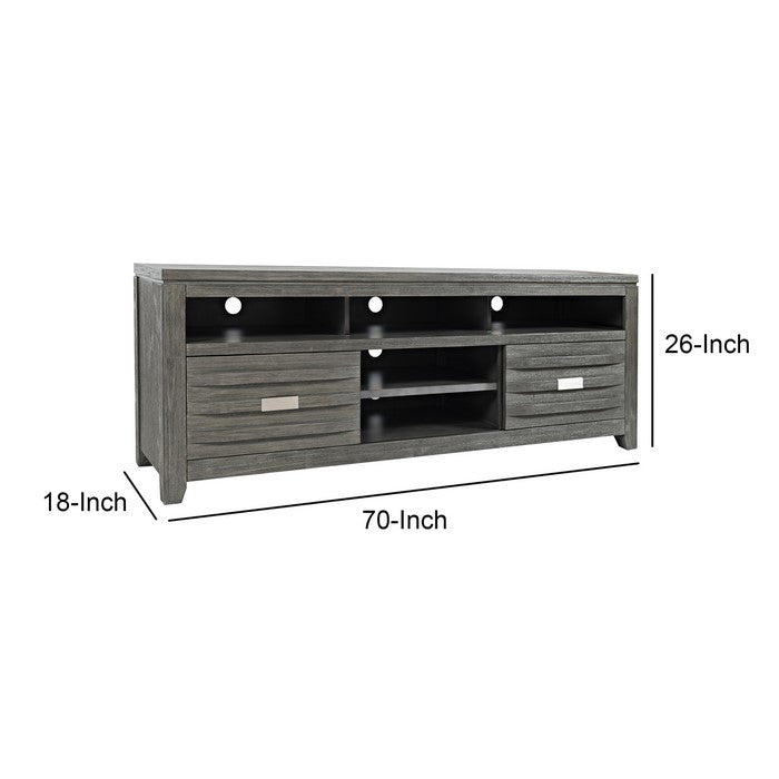 70 Inch Wooden Media Console Table with 3 Open Compartments, Light Gray