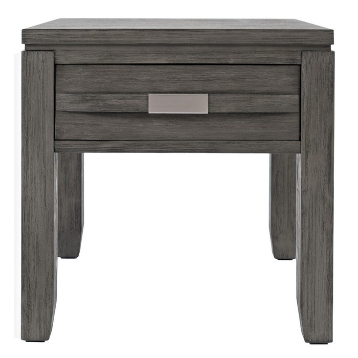 Wooden End Table with Single Drawer and Metal Pulls, Light Gray