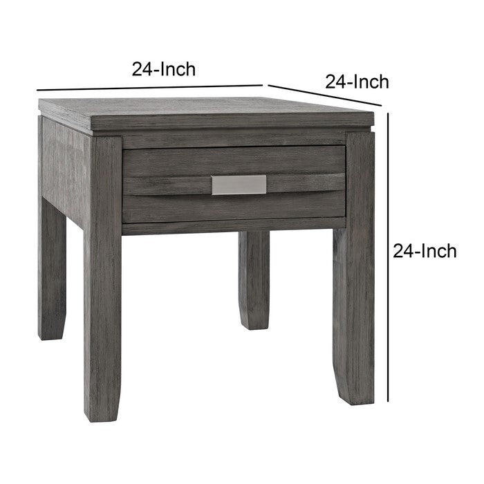 Wooden End Table with Single Drawer and Metal Pulls, Light Gray