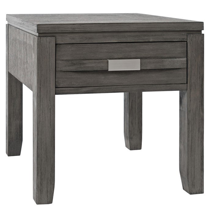 Wooden End Table with Single Drawer and Metal Pulls, Light Gray