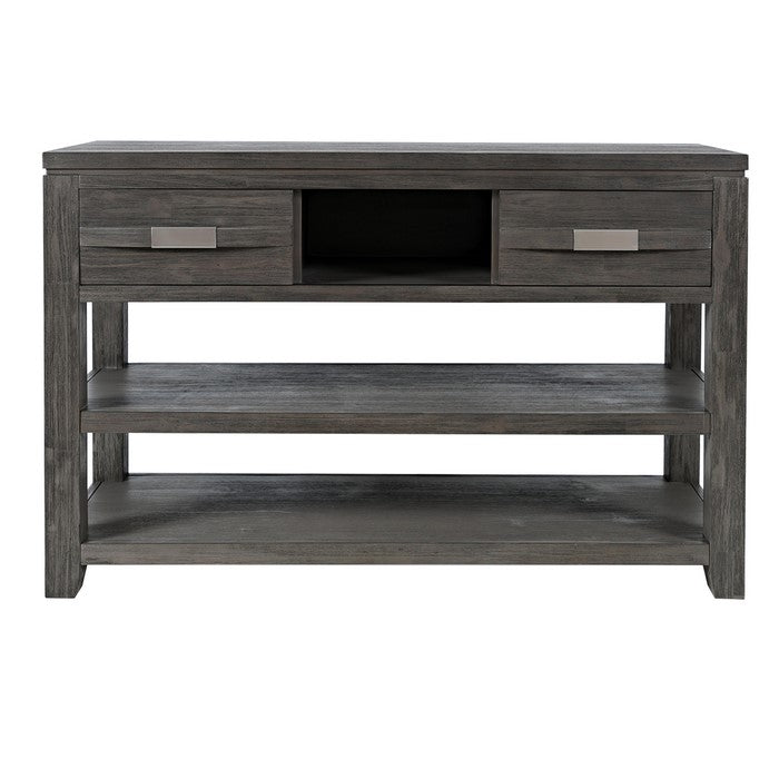 Wooden Sofa Table with 3 Open Compartments and 2 Sliding Doors, Light Gray