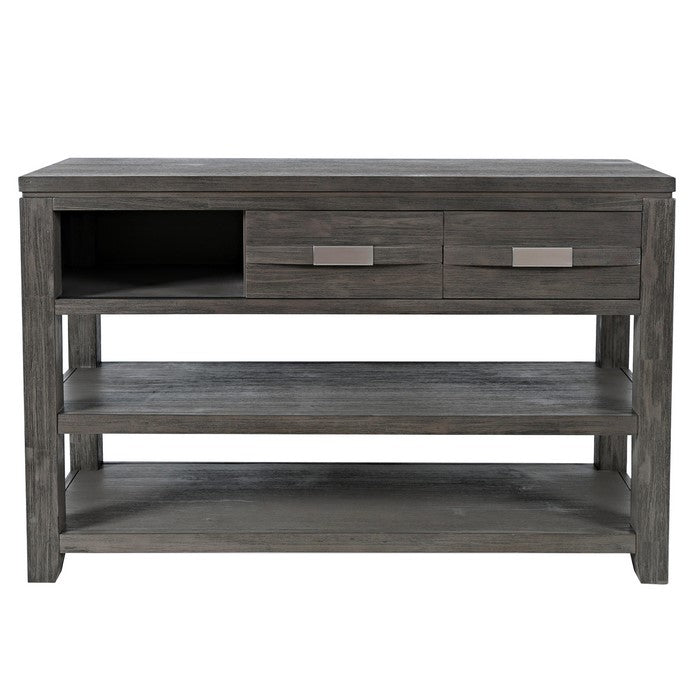 Wooden Sofa Table with 3 Open Compartments and 2 Sliding Doors, Light Gray
