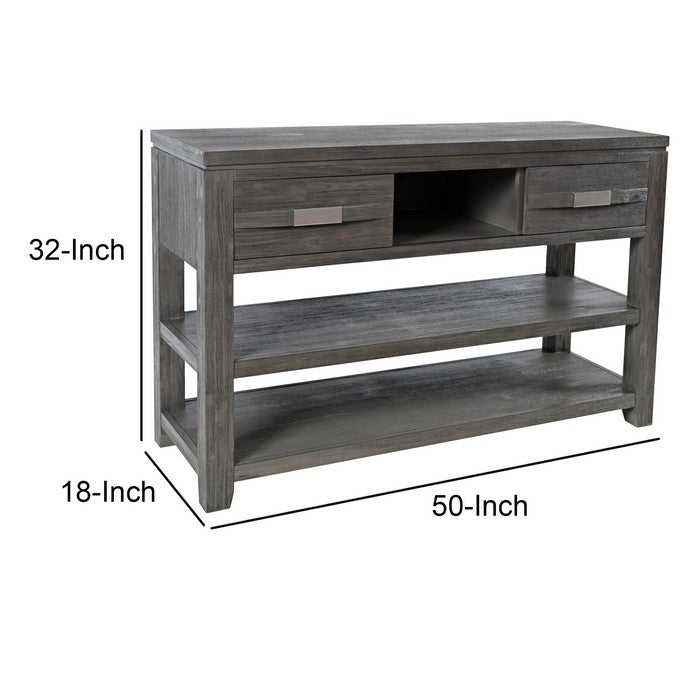 Wooden Sofa Table with 3 Open Compartments and 2 Sliding Doors, Light Gray
