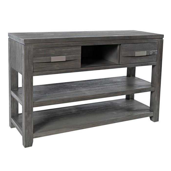 Wooden Sofa Table with 3 Open Compartments and 2 Sliding Doors, Light Gray
