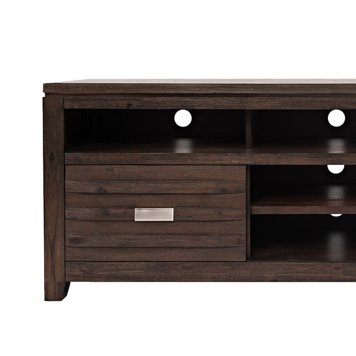 70 Inch Wooden Media Console Table with 3 Open Compartments, Dark Brown