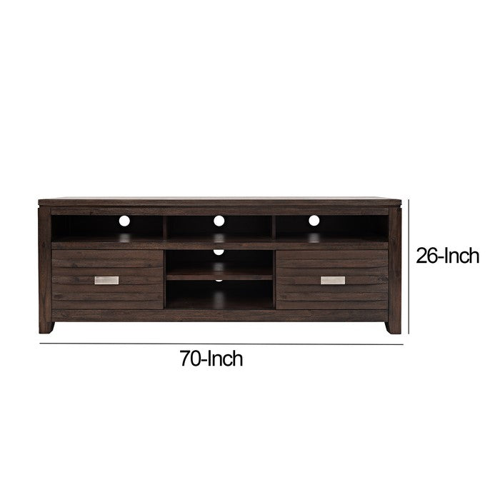 70 Inch Wooden Media Console Table with 3 Open Compartments, Dark Brown