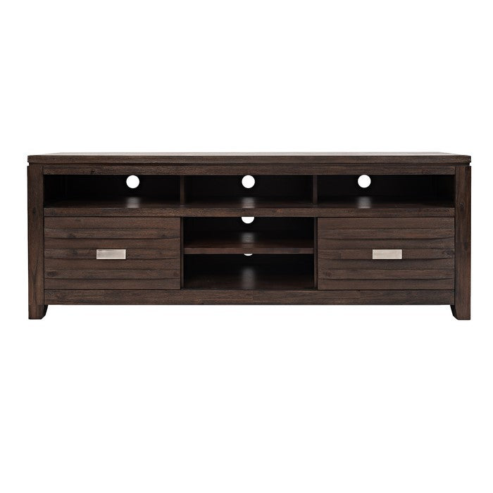 70 Inch Wooden Media Console Table with 3 Open Compartments, Dark Brown