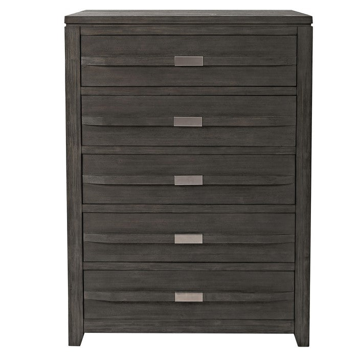 5 Drawer Wooden Chest with Chamfered Legs and Metal Handles, Dark Gray