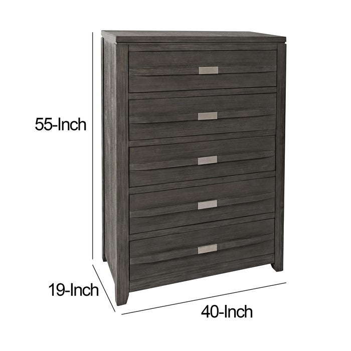 5 Drawer Wooden Chest with Chamfered Legs and Metal Handles, Dark Gray
