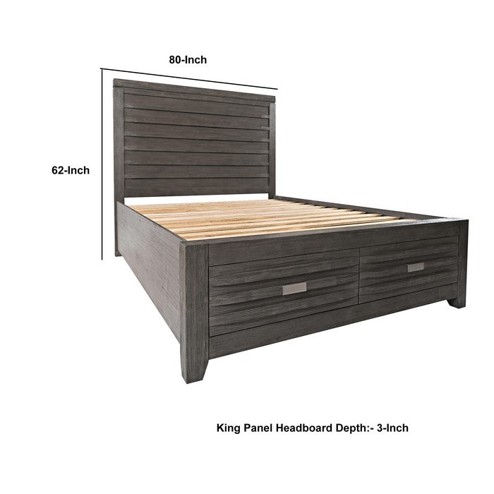 Transitional Wooden King Panel Headboard with Slated Back, Light Gray