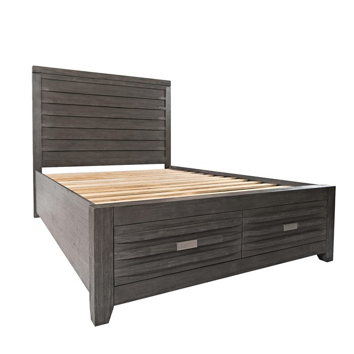 Transitional Wooden King Panel Headboard with Slated Back, Light Gray