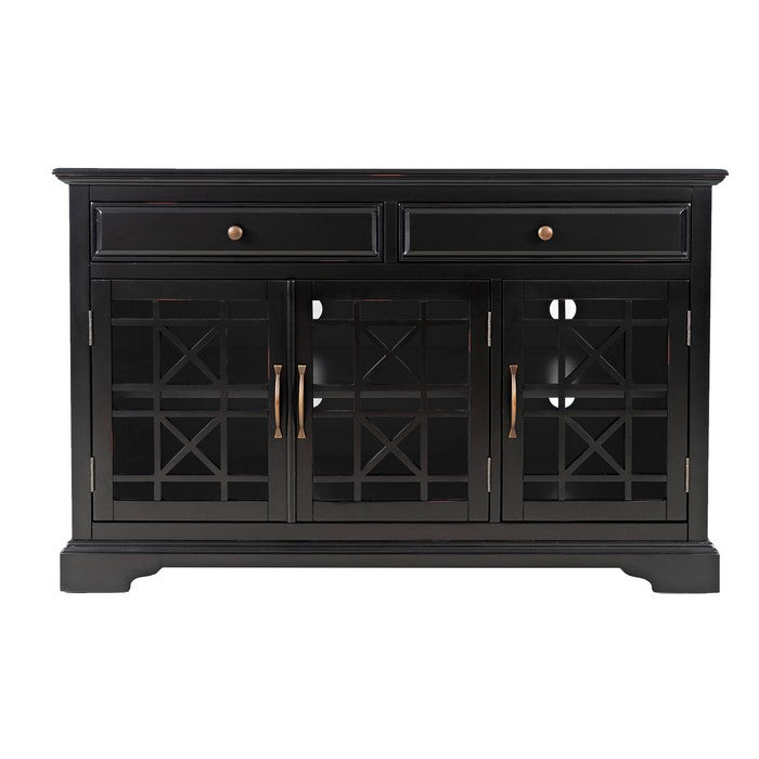 Wooden Media Unit with 2 Drawers and 3 Doors with X Motif Details, Brown