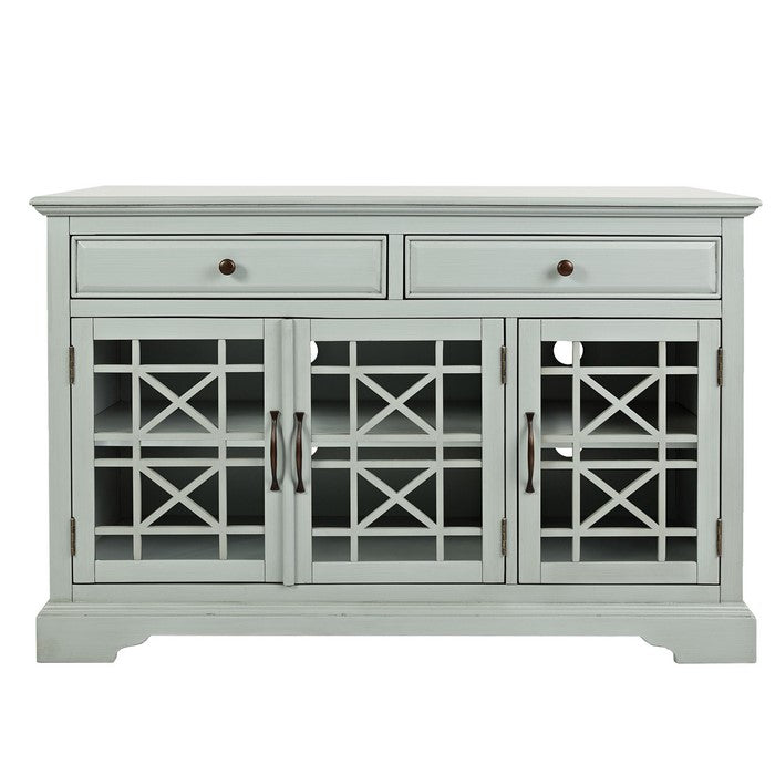 Wooden Media Unit with 2 Drawers and 3 Doors with X Motif Details, Gray
