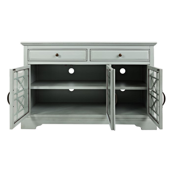 Wooden Media Unit with 2 Drawers and 3 Doors with X Motif Details, Gray