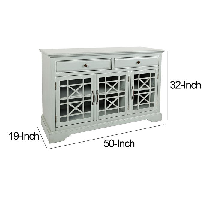 Wooden Media Unit with 2 Drawers and 3 Doors with X Motif Details, Gray