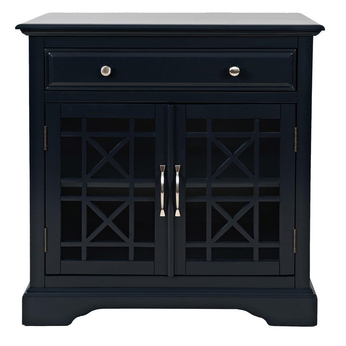Wooden 2 Door Accent Chest with Single Drawer and X Motif Details, Blue